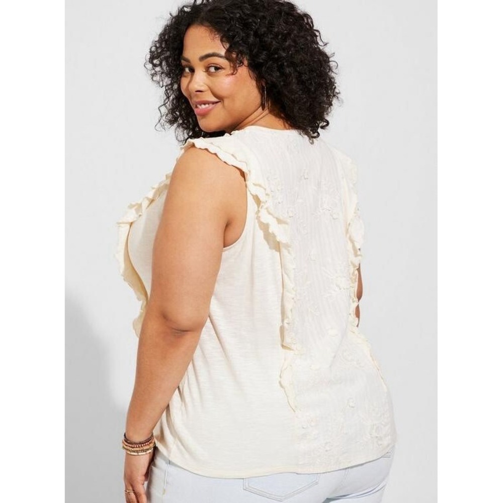 Torrid White Top 3X Cotton Sleeveless Woven Embroidery Crew neck Ruffle Resort